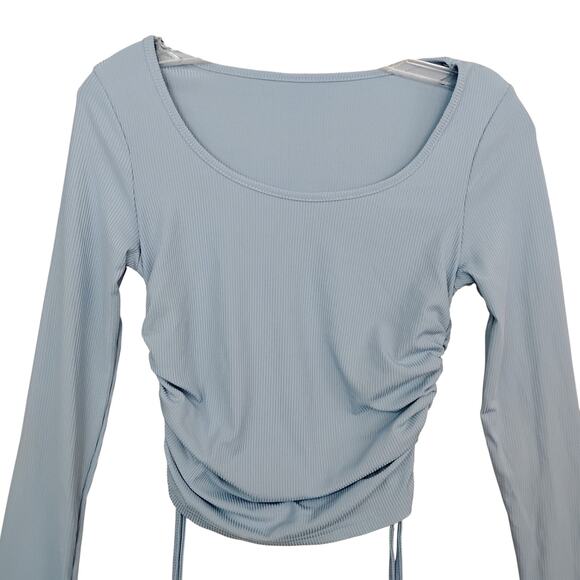 Shein Ribbed Blouse Size Small Blue Long Sleeve Ruched Sides Wide Round Neck - Picture 4 of 6